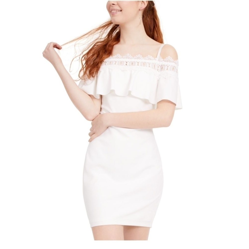 BCX Off White Ruffle Crochet Lace Cold Shoulder Mini Dress Size 13‎